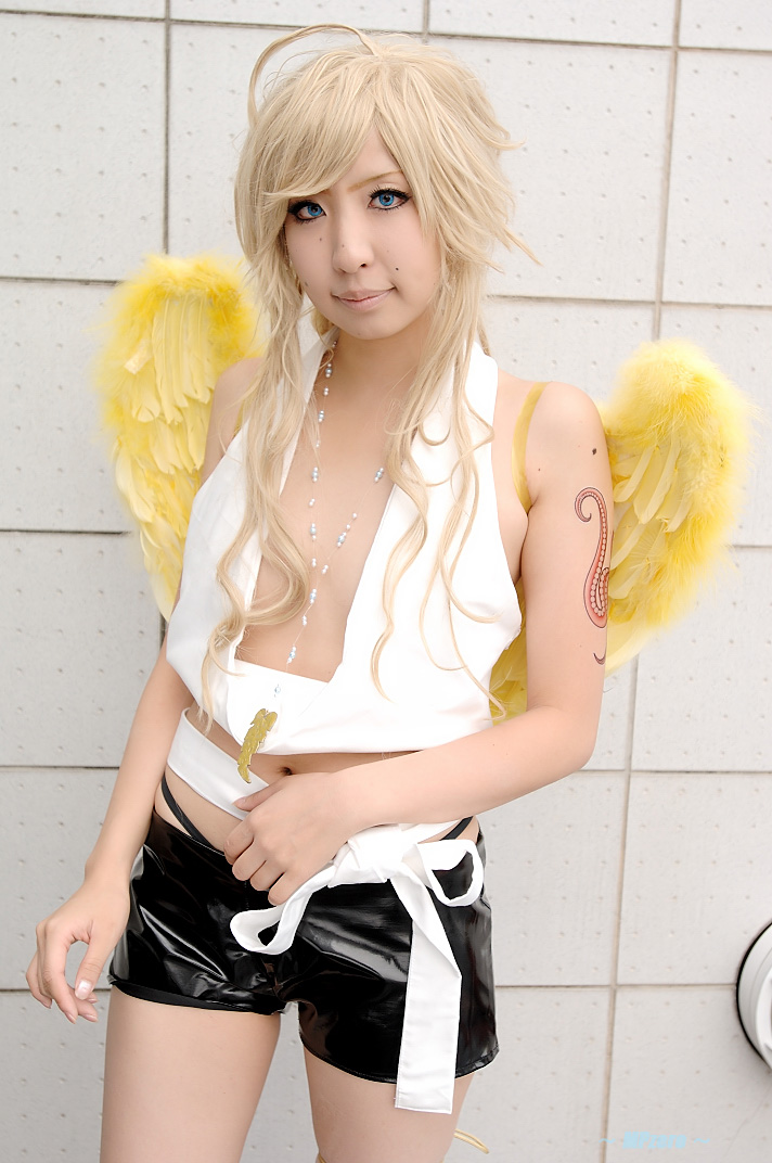 benten, blonde_hair, cosplay, halter_top, naka_aru, photo, shorts, wings