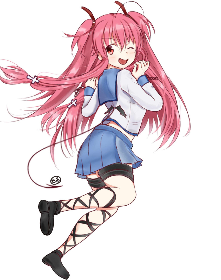 ;d, angel_beats!, bat_ornament, black_footwear, blue_skirt, blue_sleeves, cross_hair_ornament, demon_tail