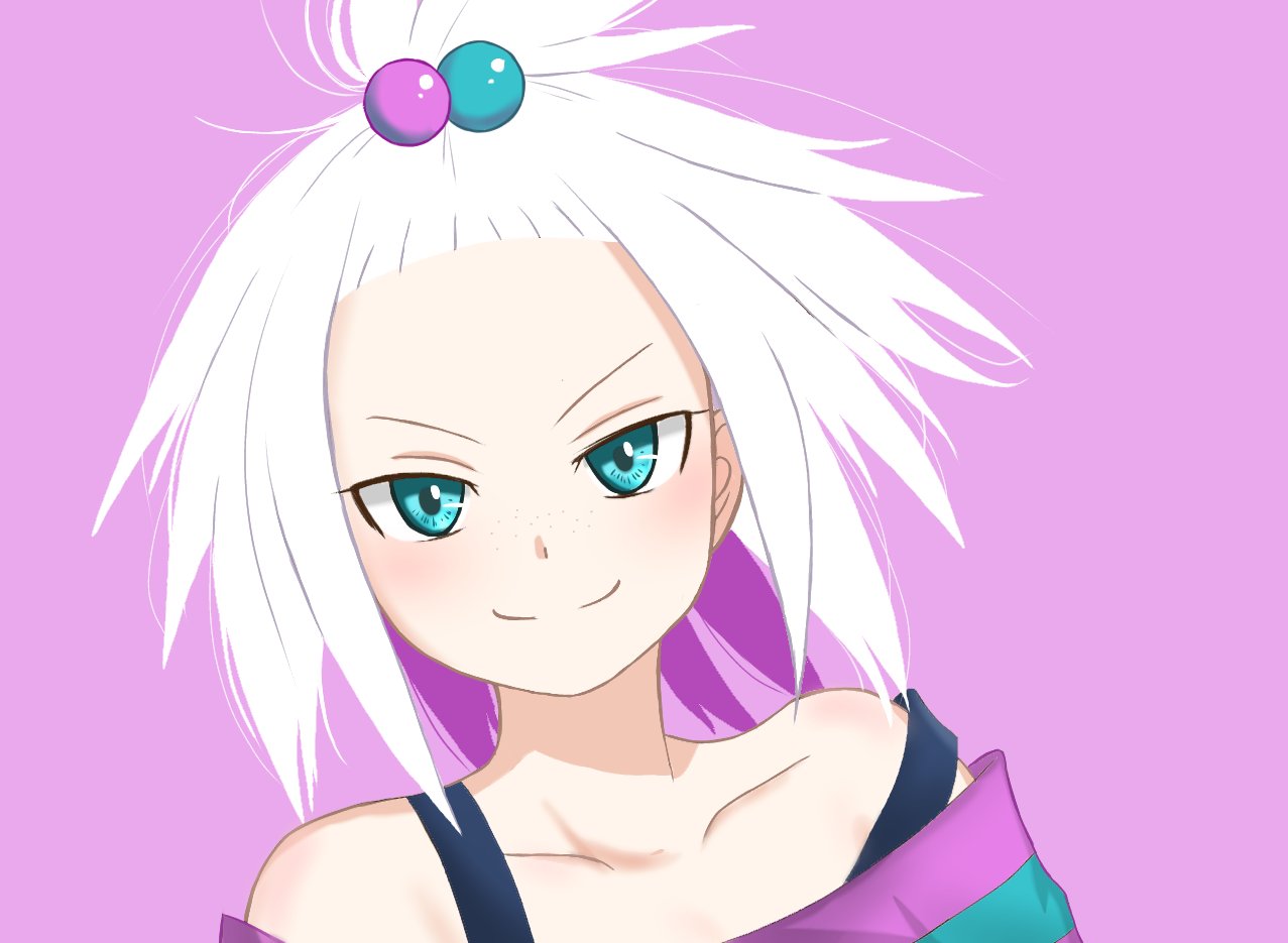 1girl, blue_eyes, bra_strap, dress, emapippi, forehead, freckles, gym_leader, hair_bobbles, hair_ornament, homika_(pokemon), looking_at_viewer, loose_clothes, messy_hair, pokemon, pokemon_(game), pokemon_bw2, smile, solo, striped, striped_dress, topknot, white_hair