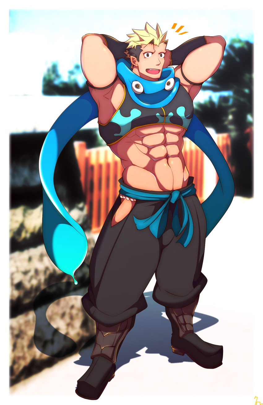 1boy, abs, bara, bare_shoulders, black_hair, blonde_hair, chest, green_eyes
