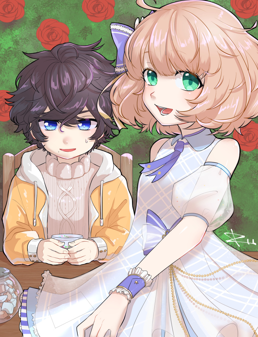 1boy, 1girl, ahoge, aran_sweater, bangs, blonde_hair, blue_eyes, blue_hair