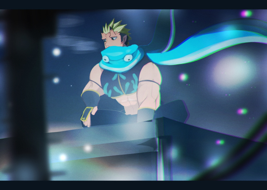 1boy, bara, bare_shoulders, black_eyes, black_hair, blonde_hair, covered_mouth, detached_sleeves