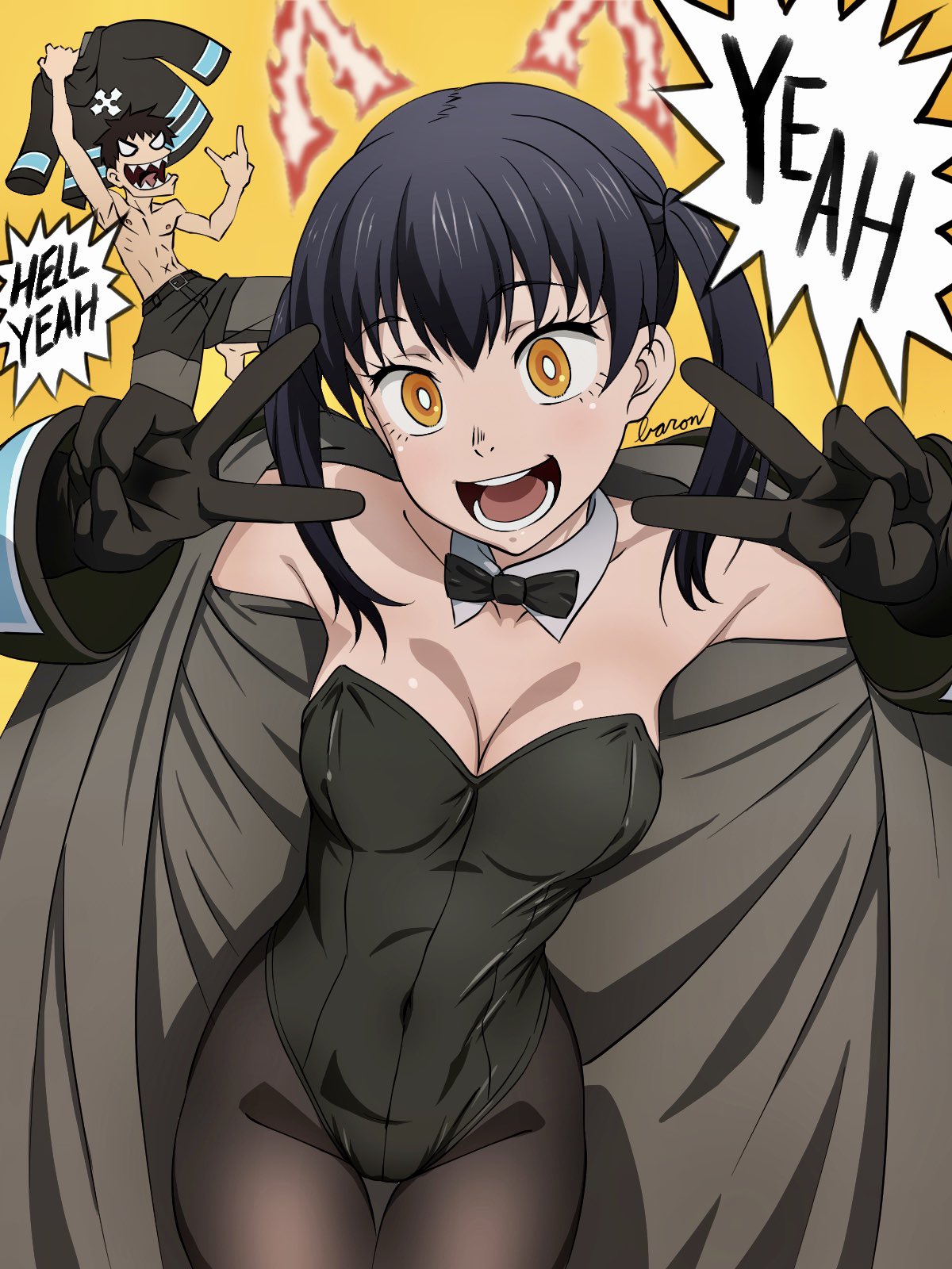 1boy, 1girl, animal_ears, artist_name, baron_(varon666), belt, black_hair, blush, breasts, bunny_day, bunnysuit, cat_ears, coat, commentary_request, en'en_no_shouboutai, english_text, feet_out_of_frame, fire, firefighter, gloves, highres, medium_breasts, medium_hair, open_mouth, orange_eyes, pants, pantyhose, round_teeth, sharp_teeth, shinra_kusakabe, shirtless, short_hair, smile, spiky_hair, tamaki_kotatsu, teeth, thigh_gap, tongue, tongue_out, twintails, yellow_background
