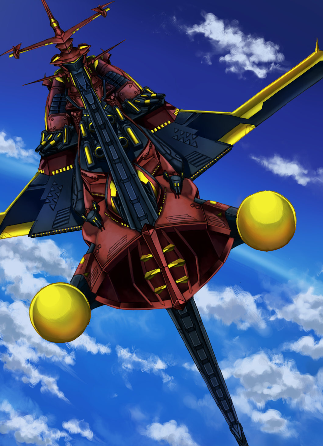 battleship, clouds, flying, hagane_(super_robot_wars), highres, horizon, matsuda_(nekonyaoupchan), military, military_vehicle, no_humans, ship, sky, solo, space_craft, super_robot_wars, super_robot_wars_original_generation, turret, vehicle_focus, warship, watercraft