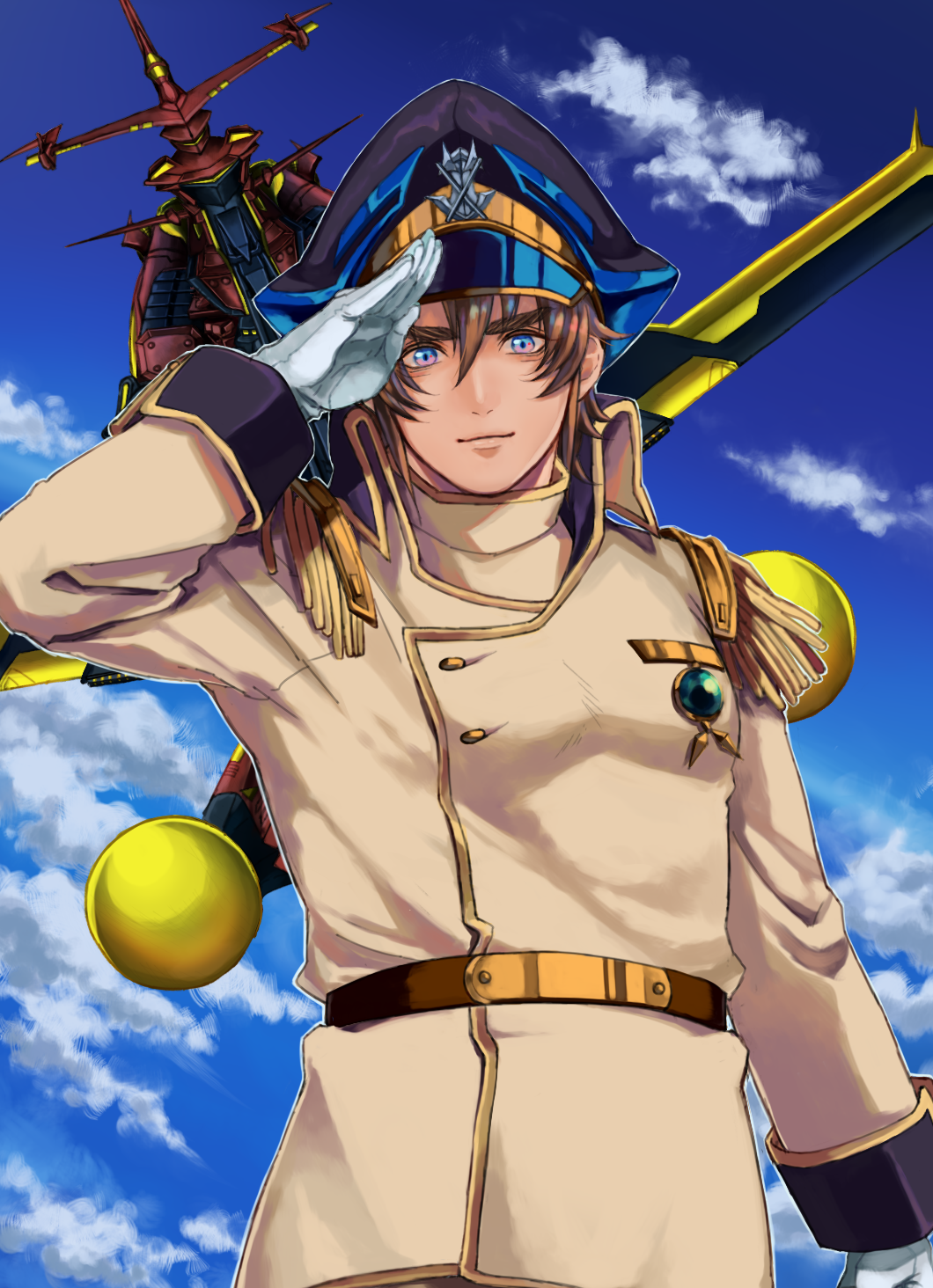 battleship, brown_hair, brown_jacket, hagane_(super_robot_wars), hat, highres, jacket, looking_at_viewer