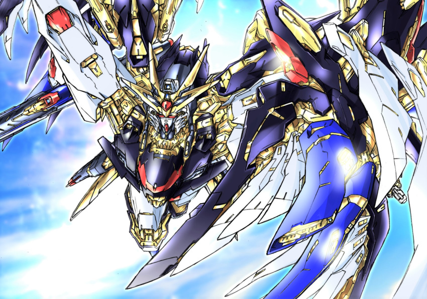 eiji_(tfkn2723), flying, fusion, glowing, glowing_eye, gun, gundam, gundam_seed, gundam_seed_destiny, gundam_wing, gundam_wing_endless_waltz, highres, holding, holding_gun, holding_weapon, looking_up, mecha, mechanical_wings, no_humans, solo, strike_freedom_gundam, v-fin, weapon, wing_gundam_zero_custom, wings, yellow_eyes
