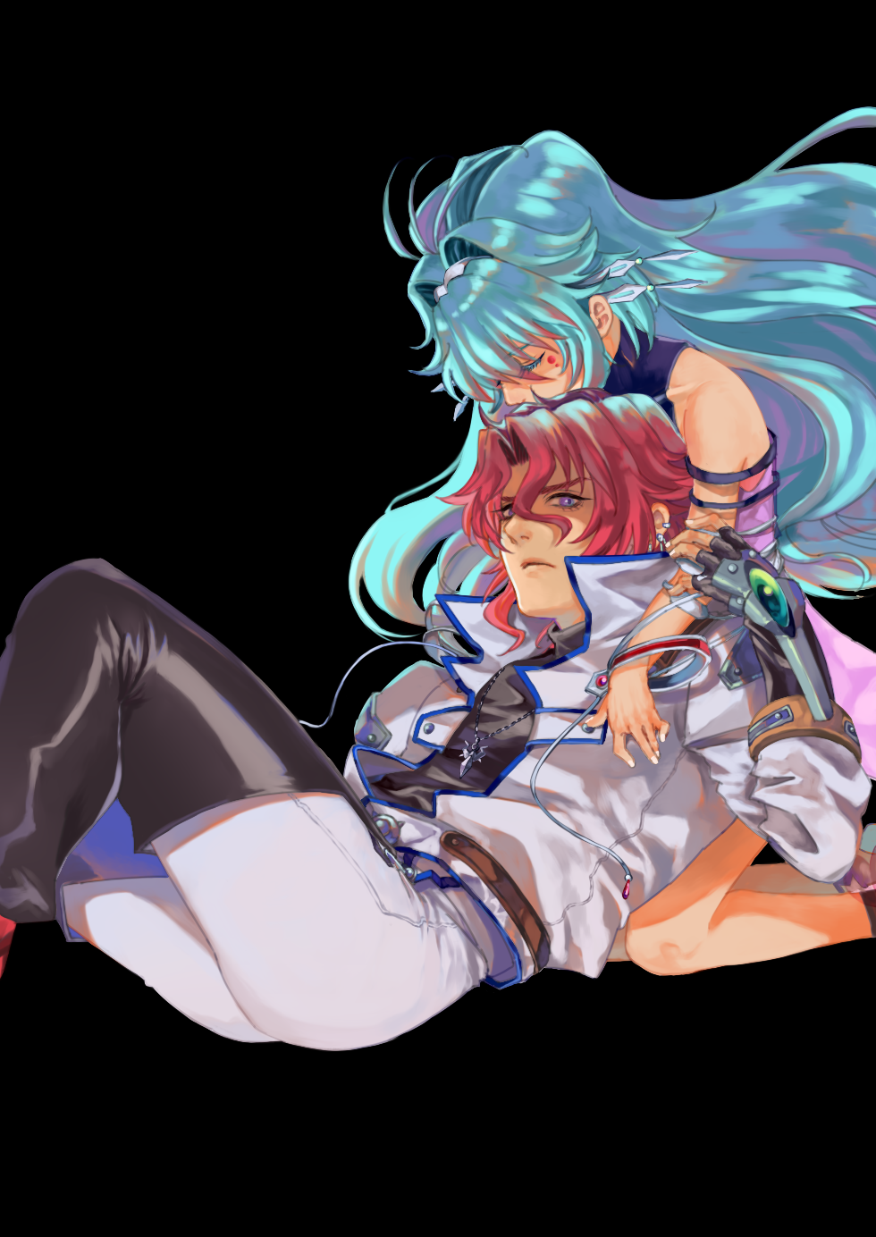 1boy, 1girl, alfimi, axel_almer, black_background, blue_hair, closed_eyes, highres, hug, long_hair, looking_at_viewer, looking_down, matsuda_(nekonyaoupchan), redhead, super_robot_wars, super_robot_wars_original_generation, violet_eyes