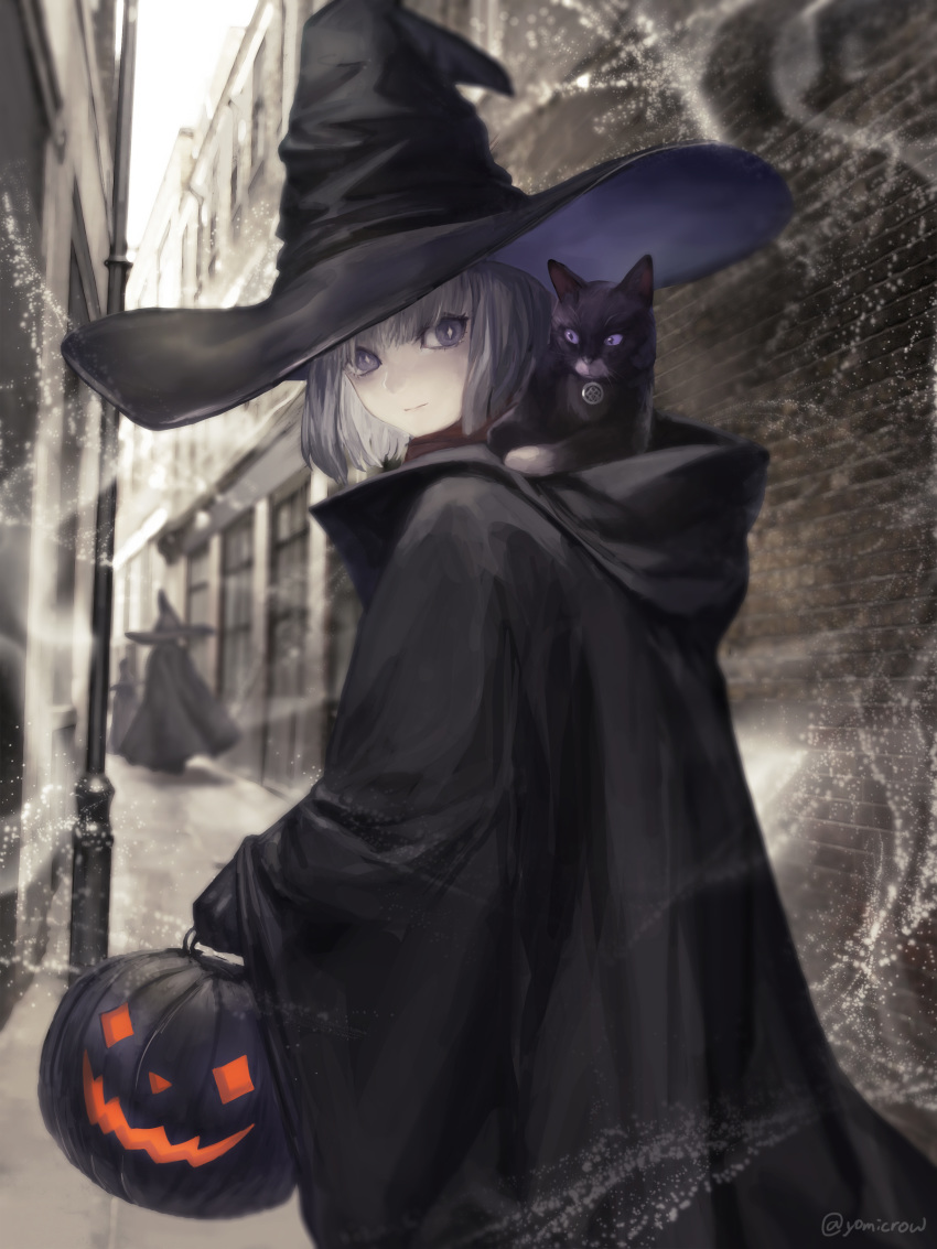3girls, absurdres, animal, animal_in_clothes, basket, black_cat, black_cloak, black_gloves, black_headwear, blurry, blurry_background, cat, cloak, closed_mouth, gloves, grey_hair, halloween, hat, highres, holding, holding_basket, hood, hood_down, hooded_cloak, jack-o'-lantern, karasuba_yomi, lamppost, looking_back, multiple_girls, original, outdoors, solo_focus, violet_eyes, walking, witch, witch_hat