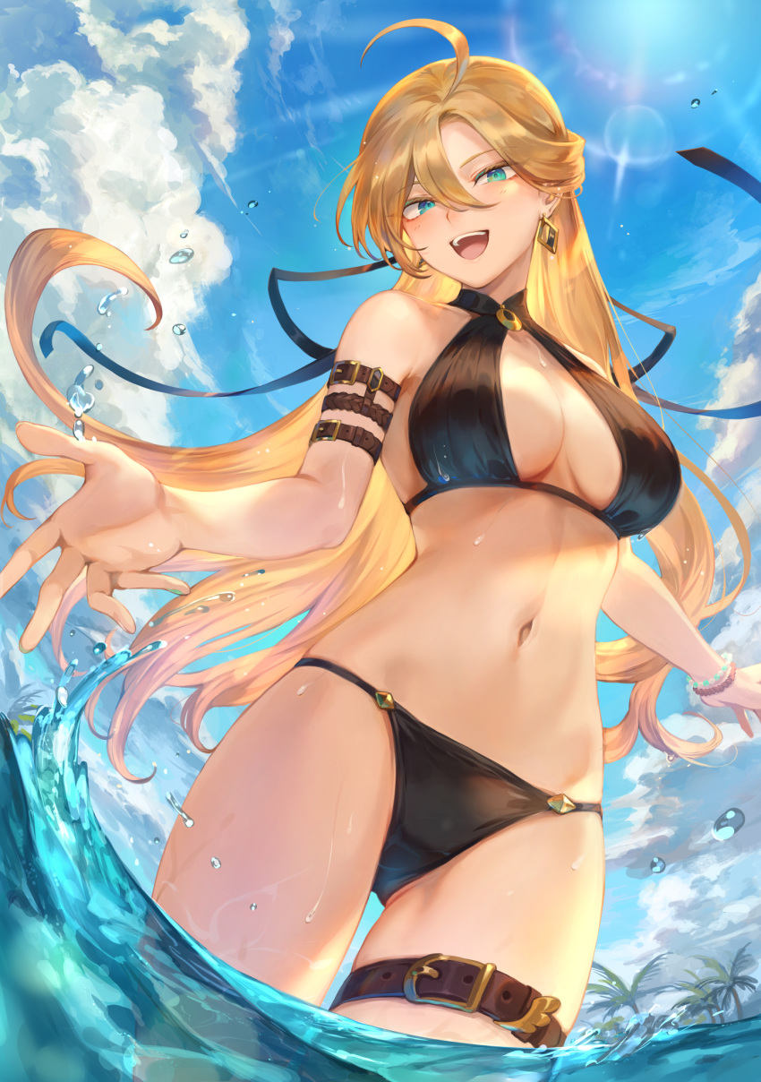 1girl, :d, ahoge, arm_strap, bangs, bare_shoulders, beach, bikini