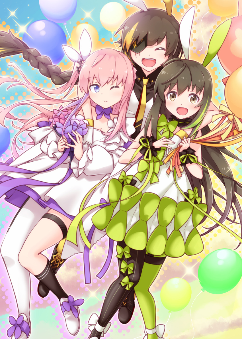 3girls, :d, ^_^, balloon, bangs, bare_shoulders, black_footwear, black_legwear