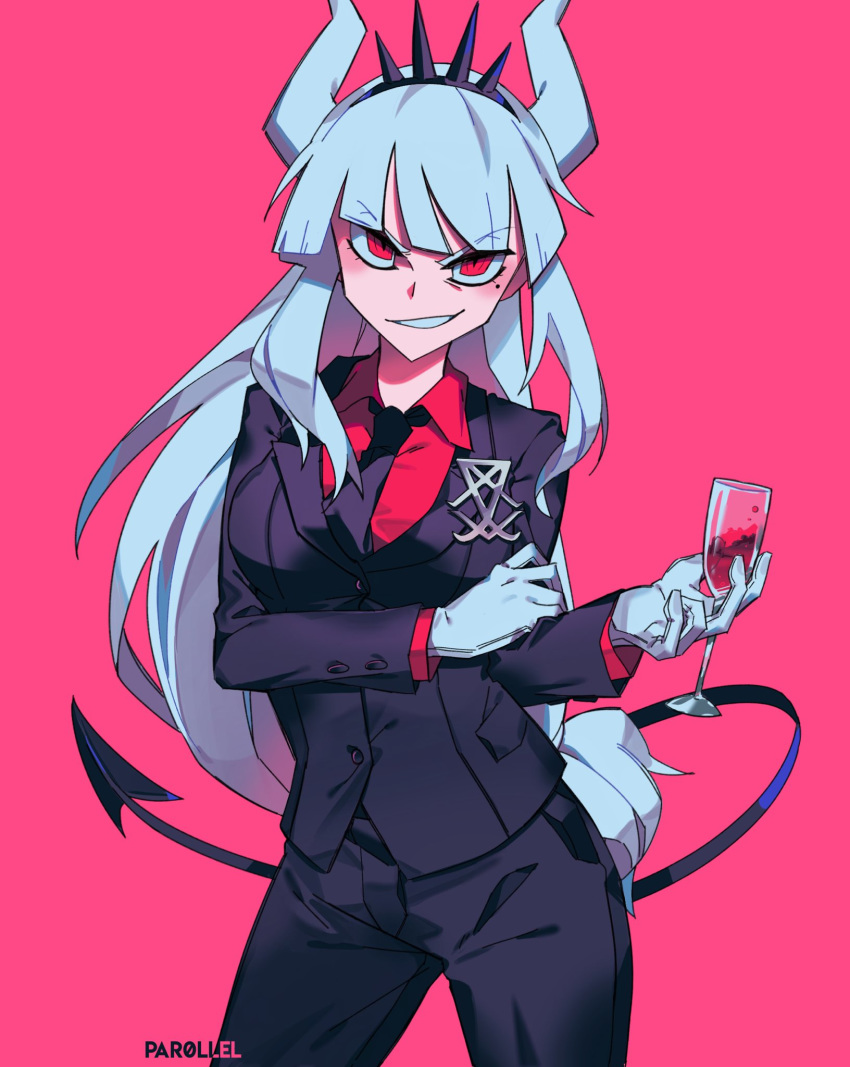 1girl, artist_name, bangs, black_jacket, black_neckwear, black_pants, black_suit, blunt_bangs, breast_hold, breasts, collared_shirt, commentary, cowboy_shot, cup, demon_horns, demon_tail, dress_shirt, drink, drinking_glass, english_commentary, eyebrows_visible_through_hair, gloves, grin, hairband, helltaker, highres, holding, holding_drink, horns, jacket, long_hair, looking_at_viewer, lucifer_(helltaker), medium_breasts, mole, mole_under_eye, necktie, pants, par0llel, pink_background, red_eyes, red_shirt, shirt, simple_background, smile, solo, spiked_hairband, spikes, tail, tsurime, white_gloves, wine_glass, wing_collar