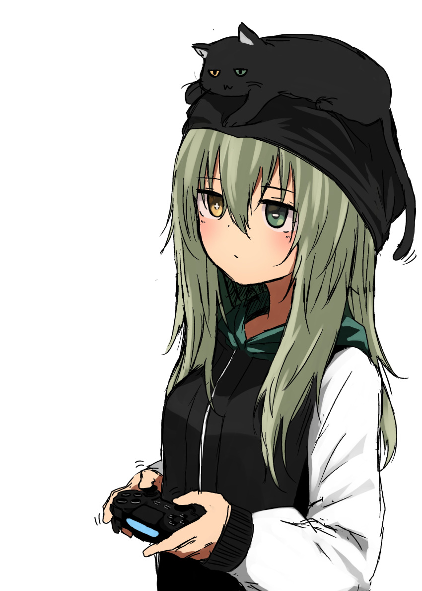 +_-, 1girl, absurdres, animal_on_head, bangs, beanie, black_cat, cat, controller, dualshock, game_controller, gamepad, green_eyes, green_hair, hair_between_eyes, hat, heterochromia, highres, holding, hood, hood_down, hoodie, kamatama, kuso_zako_choroin_nishiga_hachi, long_hair, on_head, playstation_controller, saiba_mirai, simple_background, standing, white_background, yellow_eyes