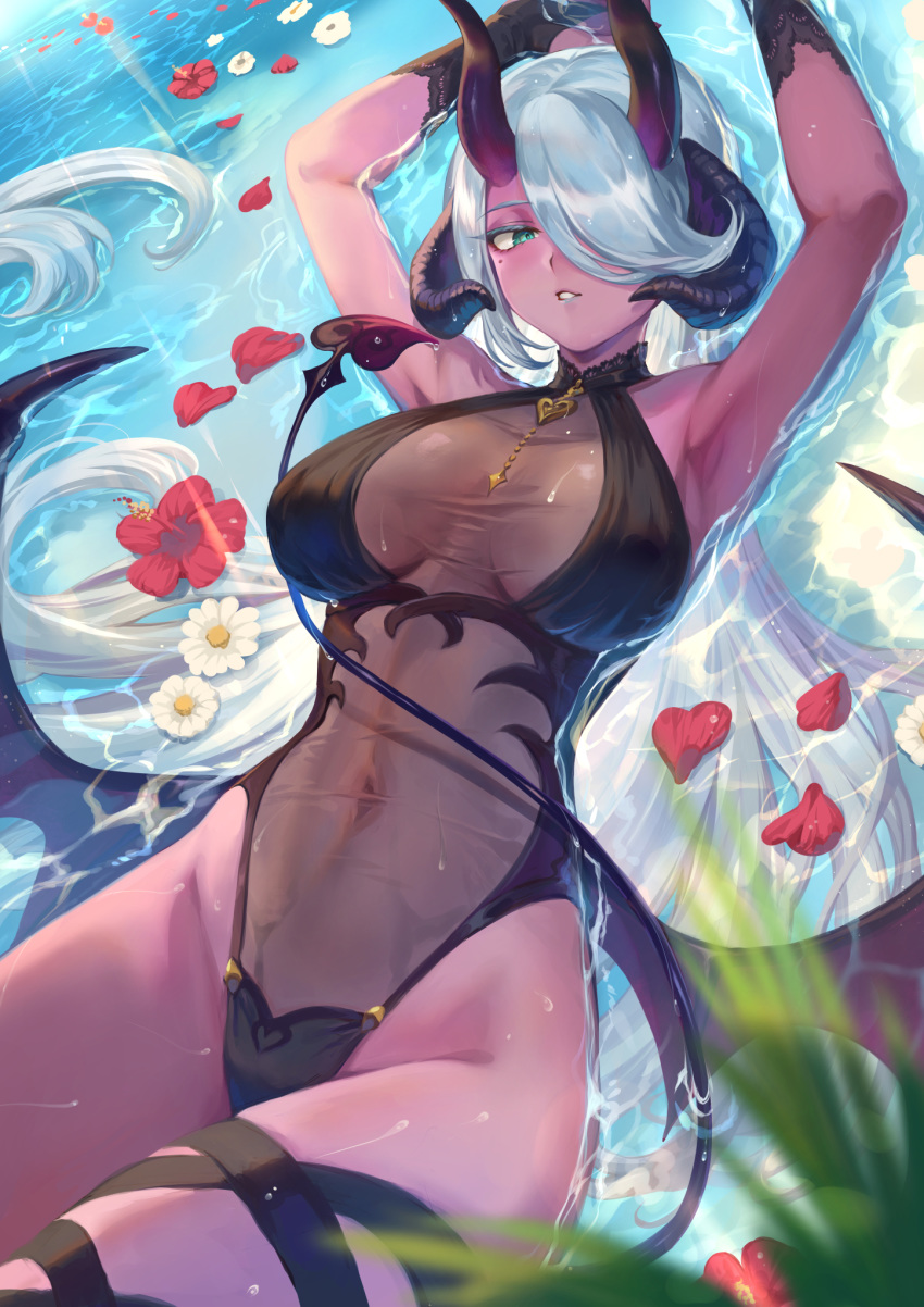 1girl, afk_arena, afloat, armpits, arms_up, black_gloves, blurry, blurry_foreground