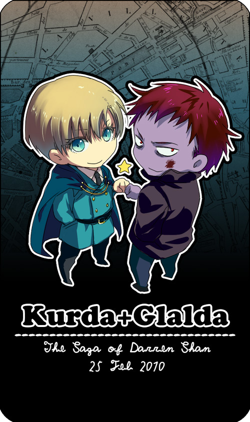 2boys, blonde_hair, blue_eyes, chibi, clenched_hand, facial_mark, fist_bump, glalda_erefith