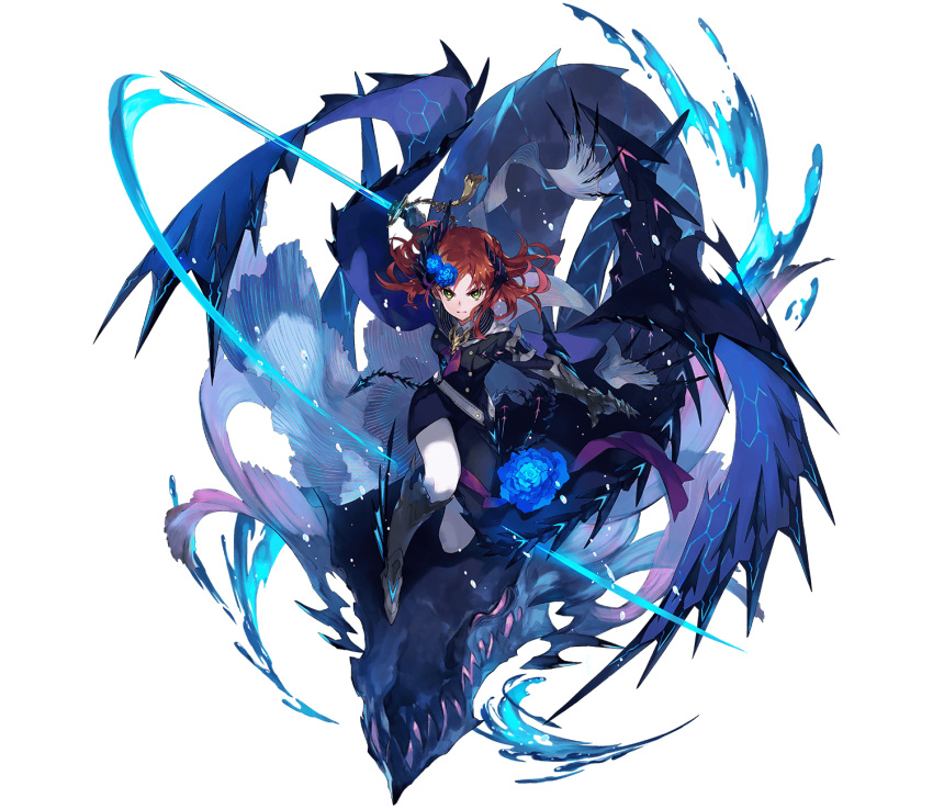 1girl, ascalon_(phantom_of_the_kill), asymmetrical_horns, belt, blue_flower, blue_rose, brown_hair, cape