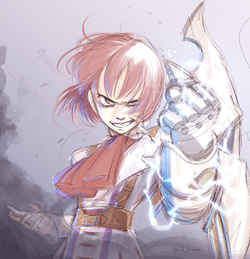 1boy, al_grimm, ciconia_no_naku_koro_ni, cravat, electricity, evil_grin, evil_smile, fighting_stance