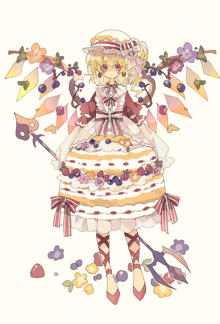1girl, alternate_costume, alternate_weapon, ankle_lace-up, blueberry, blush, cake_print, commentary