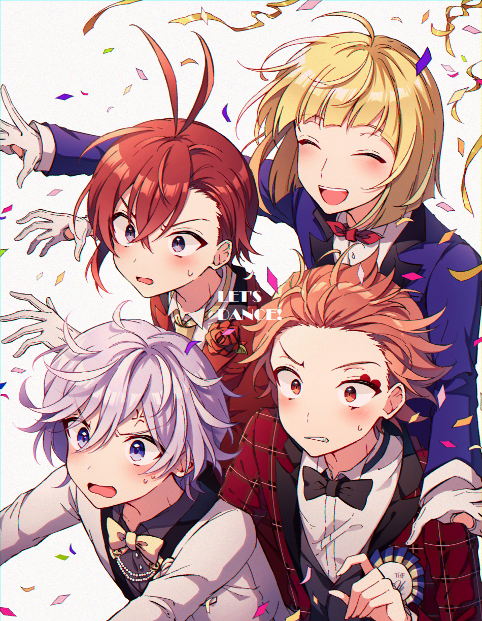 4boys, anger_vein, antenna_hair, bangs, black_neckwear, blonde_hair, blue_eyes, blush