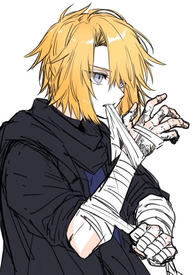 1girl, alternate_hair_color, applying_bandages, blonde_hair, commentary, crossdressinging, grey_eyes, jacket, looking_to_the_side, lydia_macarthur, medium_hair, original, reverse_trap, scar, simple_background, sleeves_pushed_up, solo, upper_body, v-shaped_eyebrows, waka_(shark_waka), white_background