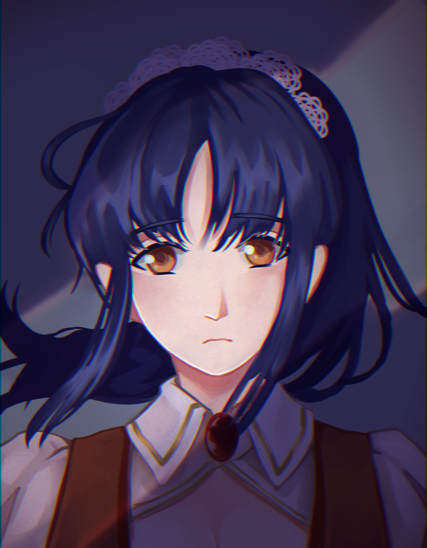 1girl, absurdres, blue_hair, breasts, brooch, chloe_ironside, chromatic_aberration, ciconia_no_naku_koro_ni, collared_shirt, dark_room, headdress, highres, jewelry, long_hair, looking_at_viewer, portrait, rustorange, shadow, shirt, solo, suspenders, upper_body, wind, yellow_eyes