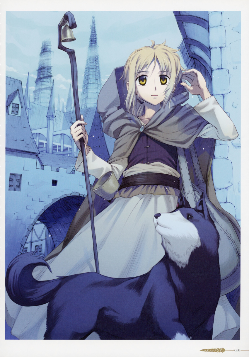 1girl, absurdres, blonde_hair, brown_cloak, brown_eyes, cloak, dress, enekk