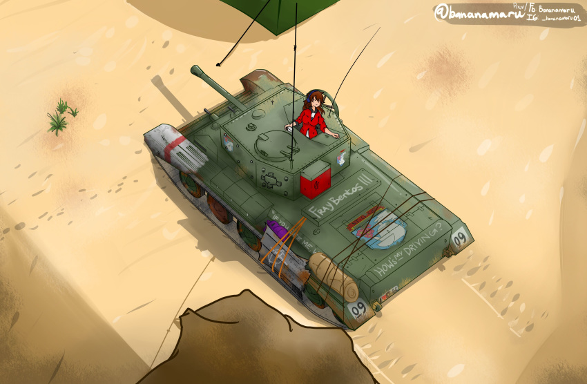 1girl, absurdres, bananamaru, black_eyes, brown_hair, caterpillar_tracks, cromwell_(tank), cup