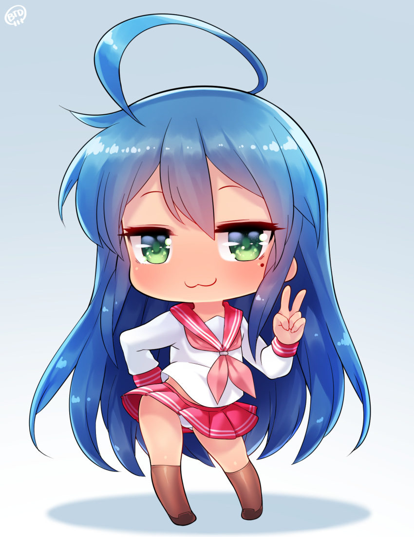 1girl, :3, ahoge, blue_background, blue_hair, born-to-die, chibi, commentary