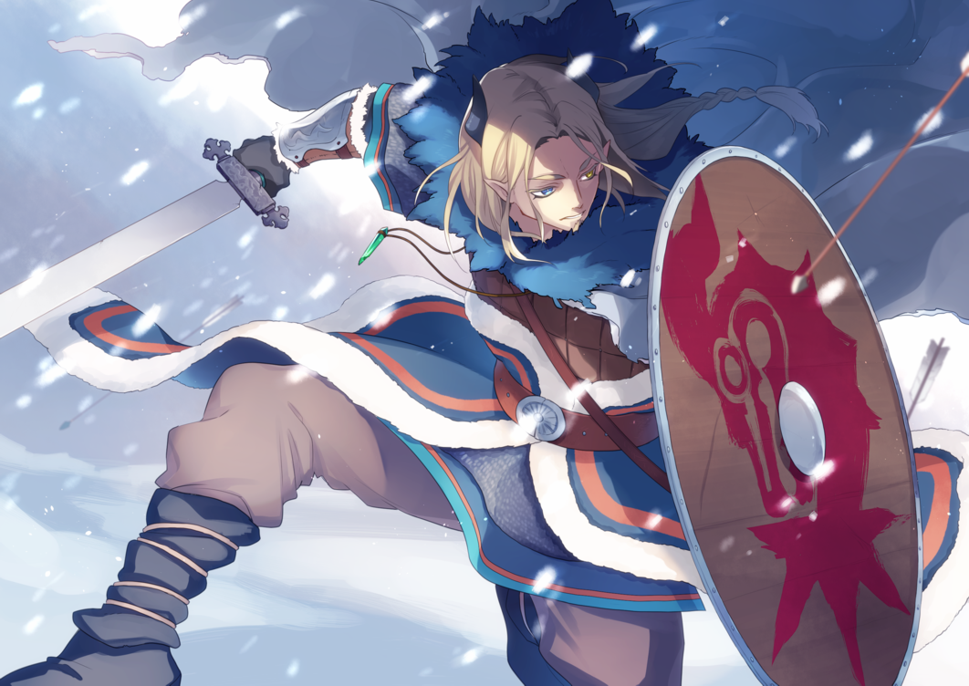 1boy, arrow_(projectile), black_gloves, black_horns, blonde_hair, blue_eyes, boots, braid, brown_eyes, brown_pants, cape, coat, crise, day, einar_(pixiv_fantasia_last_saga), facial_hair, fur_trim, gloves, heterochromia, holding, holding_shield, holding_sword, holding_weapon, horns, jewelry, kneeling, long_hair, male_focus, necklace, outdoors, pants, pixiv_fantasia, pixiv_fantasia_last_saga, shield, snow, sword, weapon
