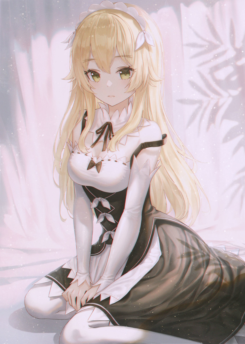 1girl, apron, bangs, bare_shoulders, black_dress, blonde_hair, breasts, closed_eyes