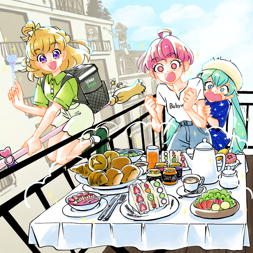 +_+, ahoge, aqua_hair, asahina_mirai, aura, balcony, bangs, beret, blonde_hair, blouse, blue_eyes, blunt_bangs, bread, broom, broom_riding, building, butter_knife, cake, cappuccino_(drink), city, cityscape, clouds, cloudy_sky, coffee, coffee_cup, croissant, cup, day, delivery, denim, disposable_cup, doughnut, drinking_glass, eyebrows_visible_through_hair, food, food_art, fork, fruit, glass, hat, heart, heart-shaped_mouth, holding, holding_wand, izayoi_liko, jam, jeans, juice, kettle, knife, latte_art, lemon, lemon_slice, long_hair, mahou_girls_precure!, monster_rally, mouth, outdoors, panicking, pants, pink_eyes, pink_hair, plate, pointy_ears, precure, railing, salad, saucer, shirt, short_hair, shorts, sky, sparkle, spoon, star_(symbol), star_print, star_twinkle_precure, symbol-shaped_pupils, t-shirt, table, tablecloth, teaspoon, tomato, uber_eats, violet_eyes, wand