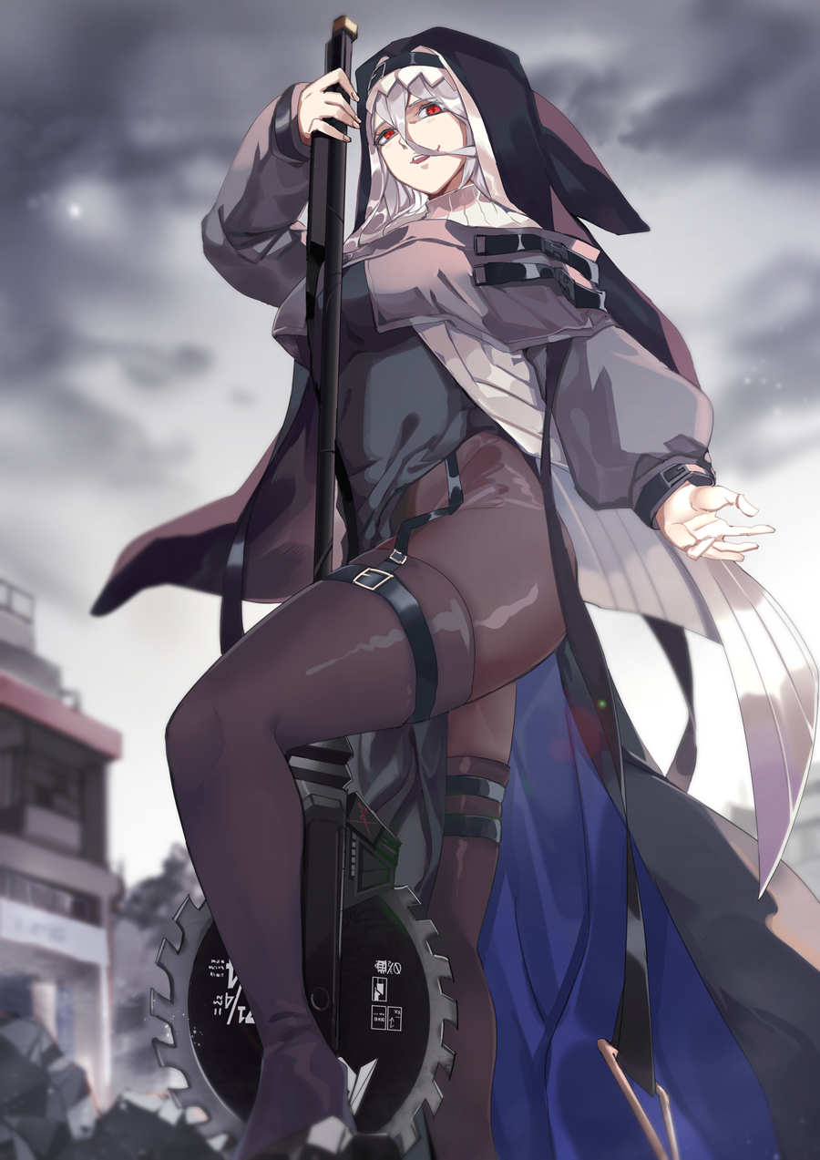 1girl, arknights, black_legwear, city, clouds, evil_grin, evil_smile, grin