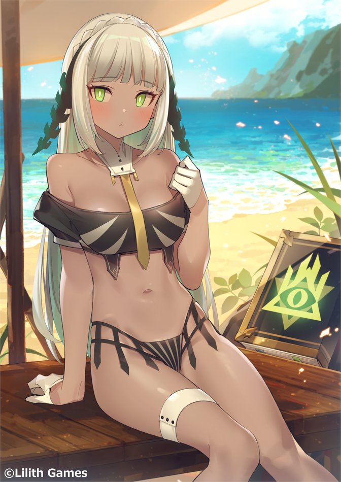 1girl, afk_arena, arm_support, beach, beach_umbrella, bikini, black_bikini, braid