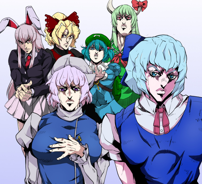 6+girls, animal_ears, araki_hirohiko_(style), blonde_hair, blue_eyes, blue_hair, blue_skirt, blue_vest