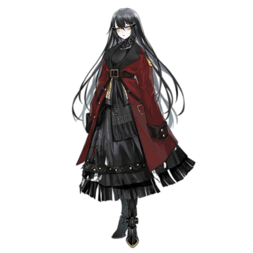 1girl, belt, black_dress, black_hair, coat, dandelion_(girls_frontline), dress, expressionless