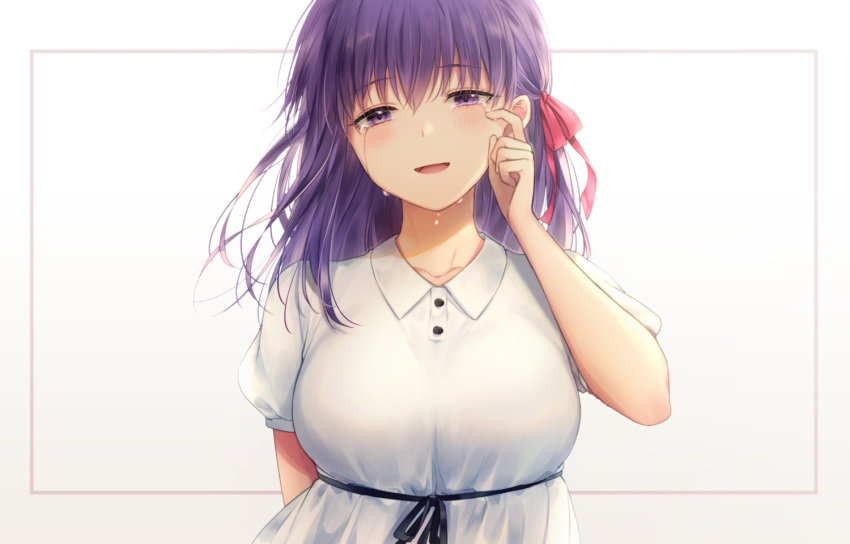 1girl, blush, dress, fate/stay_night, fate_(series), hair_ribbon, heaven's_feel, looking_at_viewer