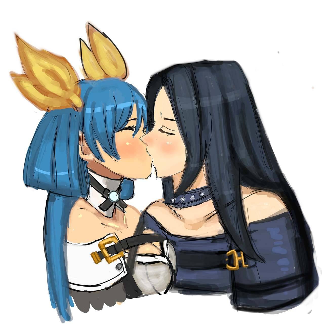 1boy, 1girl, artist_request, black_hair, blue_hair, blush, choker, detached_collar, dizzy_(guilty_gear), guilty_gear, hair_ribbon, highres, kiss, long_hair, ribbon, source_request, testament_(guilty_gear), twintails