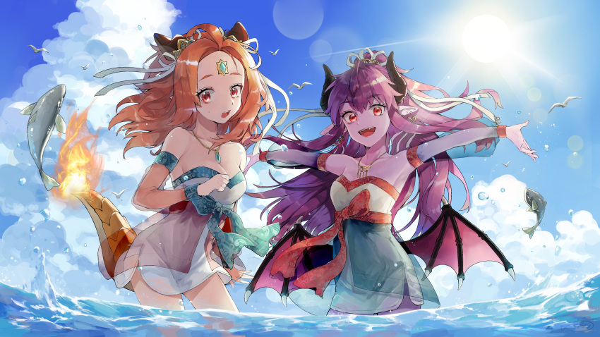 0), 2girls, absurdres, bangs, bare_shoulders, breasts, clouds, cloudy_sky