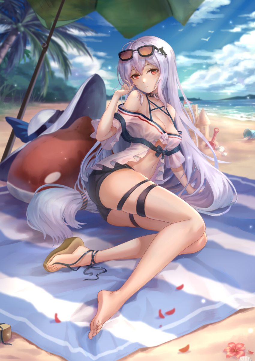 1girl, absurdres, arknights, bangs, bare_legs, bare_shoulders, beach_towel, beach_umbrella