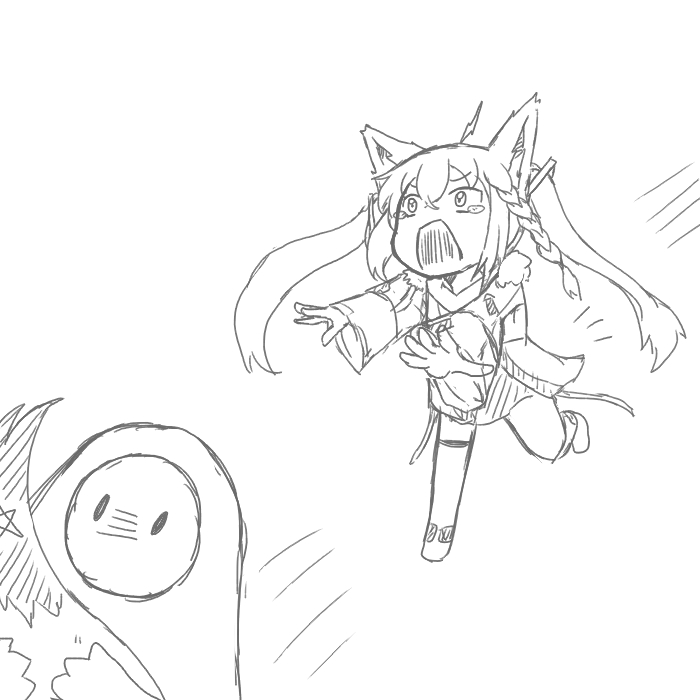 1girl, 1other, ahoge, animal_ears, bangs, braid, chasing, commentary