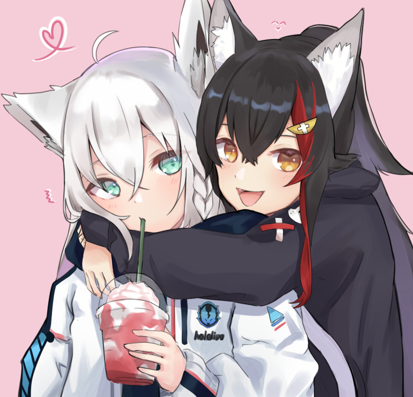/\/\/\, 2girls, ahoge, animal_ear_fluff, animal_ears, bangs, black_hair, black_jacket