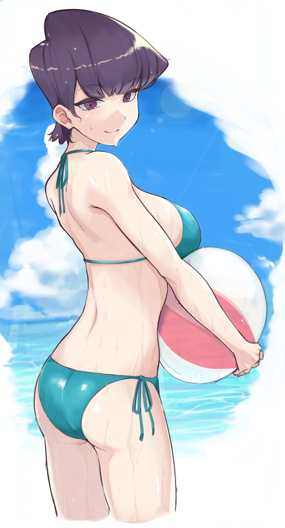 1girl, aqua_bikini, ass, ayatak0517, ball, bare_arms, bare_shoulders, beachball