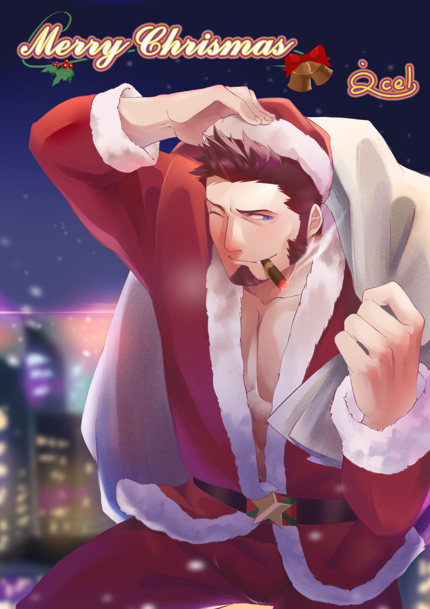 1boy, absurdres, alternate_costume, blue_eyes, brown_hair, chest, christmas, cigar