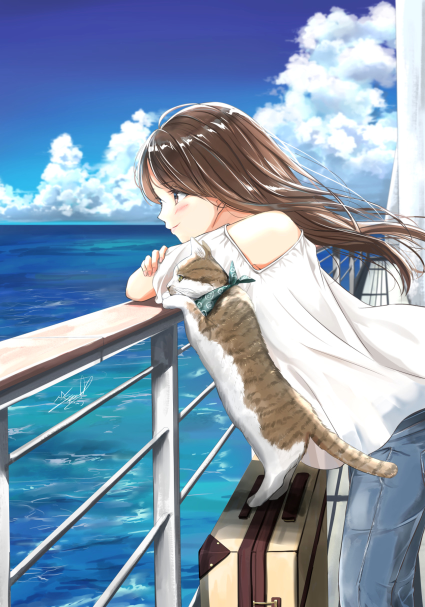 1girl, bandana, brown_eyes, brown_hair, cat, closed_mouth, commentary_request, day