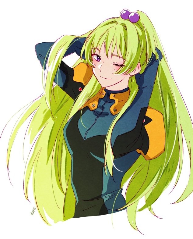1girl, bangs, bodysuit, green_hair, hands_in_hair, heeparang, long_hair, long_ponytail