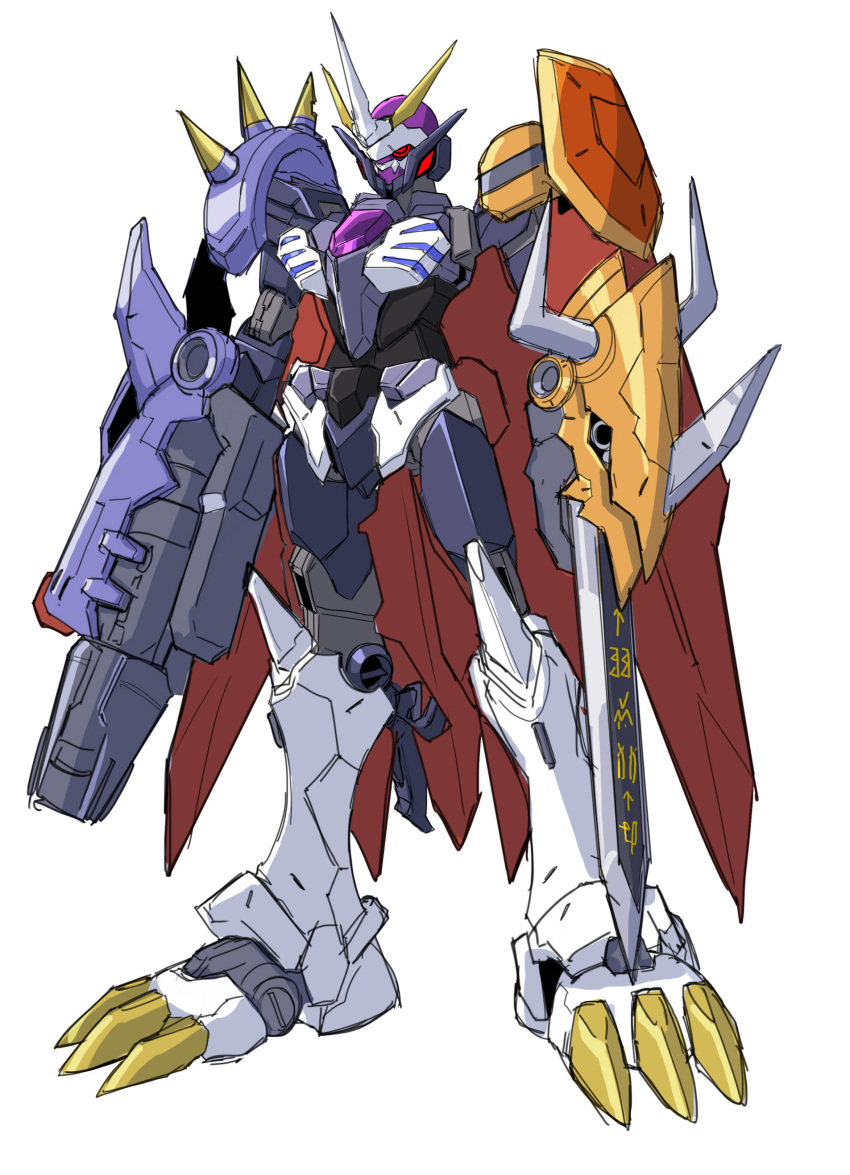 absurdres, alus_core_gundam, arm_blade, arm_cannon, clenched_hands, crossover, digimon, fusion