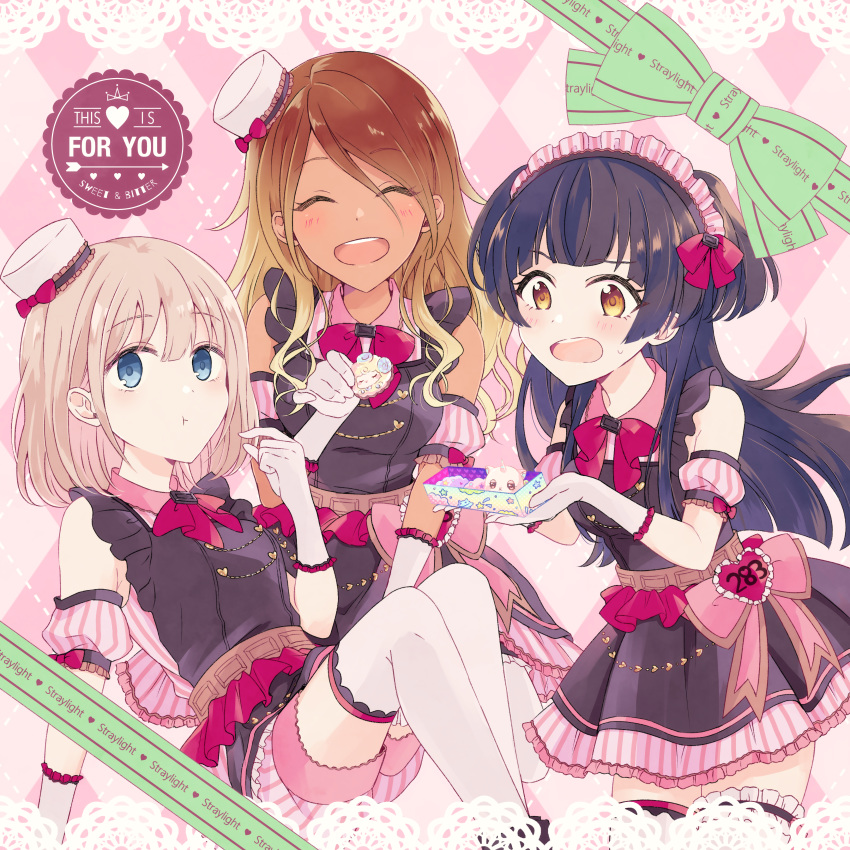 3girls, absurdres, bangs, bare_shoulders, black_hair, black_skirt, blonde_hair, blue_eyes