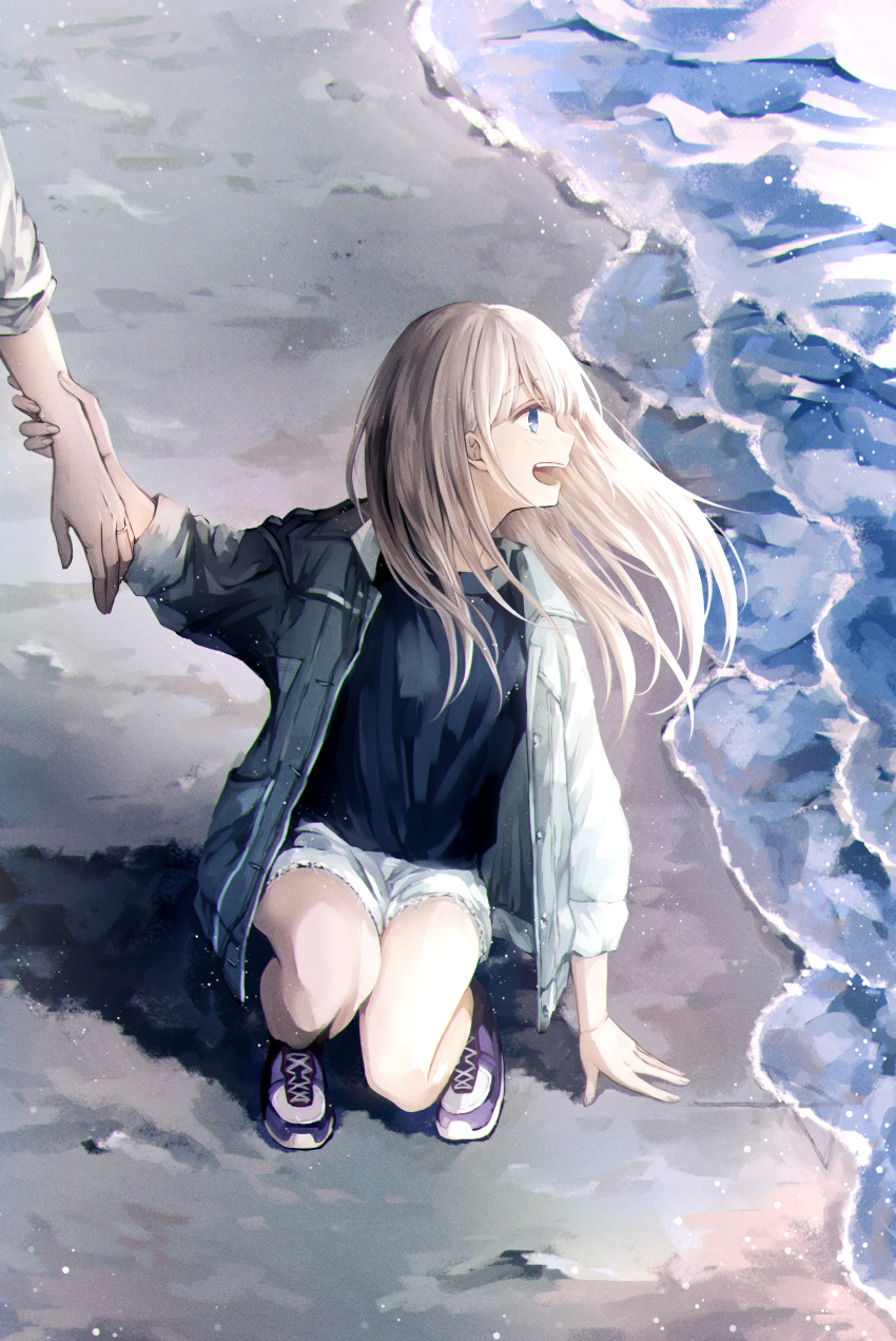 1girl, absurdres, bangs, beach, black_shirt, blue_eyes, commentary_request, grey_jacket