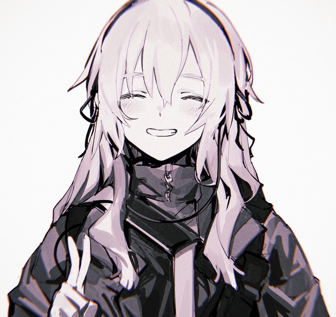 1girl, bangs, black_ribbon, blush, closed_eyes, eyebrows_visible_through_hair, girls_frontline, grin, hair_between_eyes, hair_ribbon, jacket, long_hair, monochrome, ribbon, simple_background, smile, solo, suiso_(owp), teeth, ump40_(girls_frontline), upper_body, v, white_background