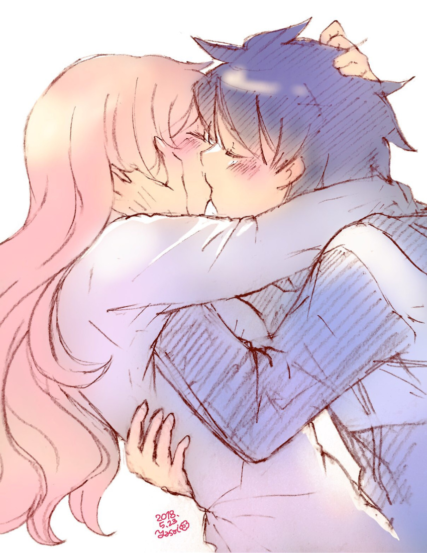 1boy, 1girl, blue_hair, blue_jacket, blush, closed_eyes, couple, from_side