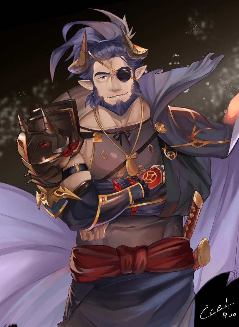 1boy, armor, bara, beard, body_hair, chest, cowboy_shot, crossed_arms, dark_blue_hair, denim, draph, eyepatch, facial_hair, garouza_(granblue_fantasy), granblue_fantasy, horns, icelernd, male_focus, manly, muscle, pectorals, solo, upper_body